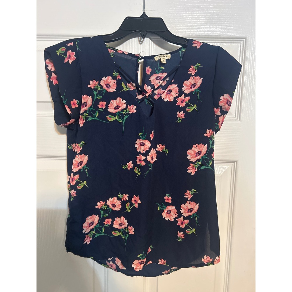 Lily White Navy Blue Pink Floral Strappy V-Neck‎ Flutter Sleeve Blouse Small